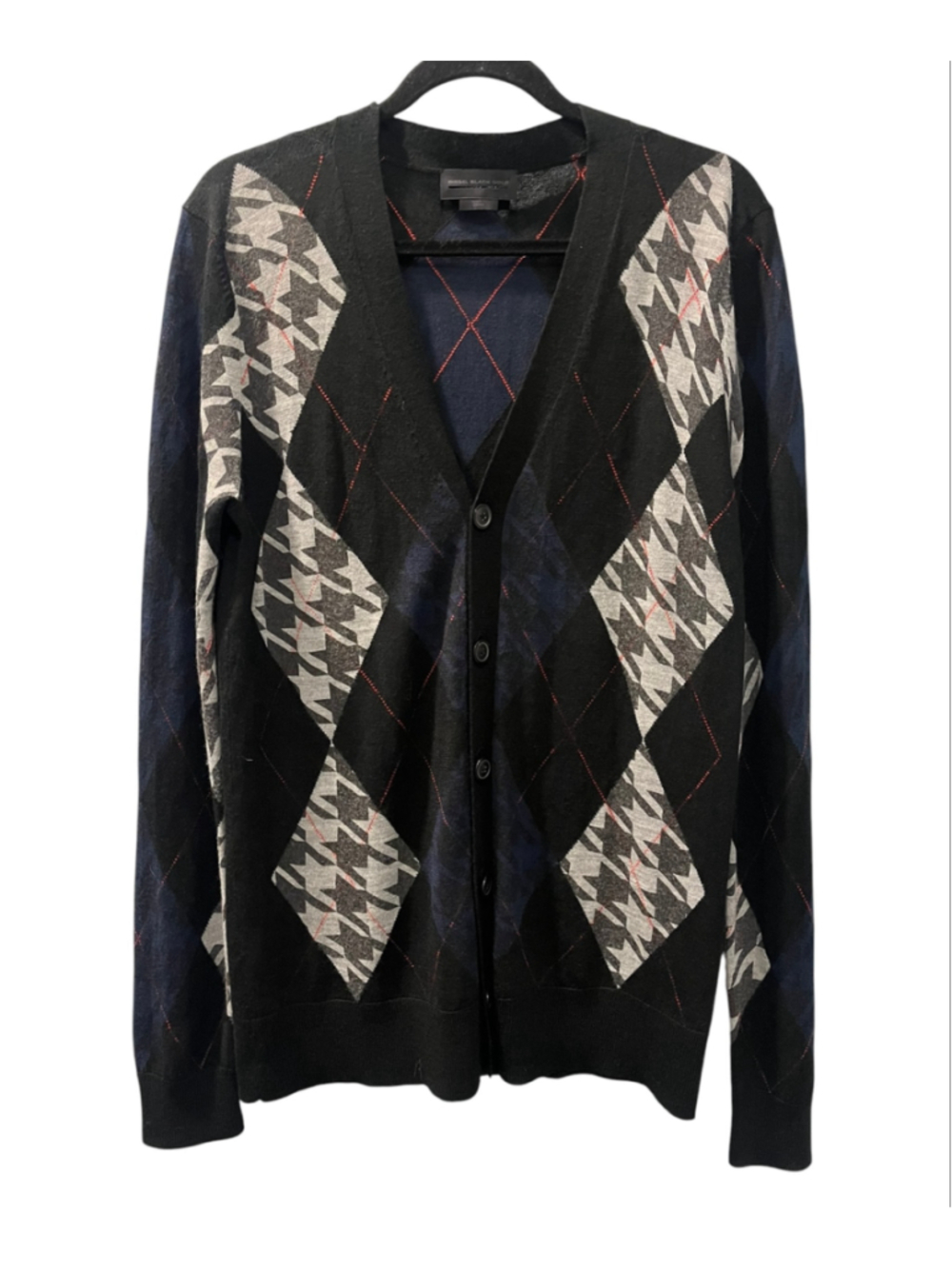 Diesel Black Gold Wool Argyle Houndstooth Cardigan Sweater Mens Large Patchwork